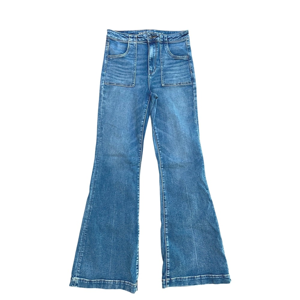 American Eagle Flare Jeans Womens 10 Long Blue Patch Pocket Boho High Rise 70s